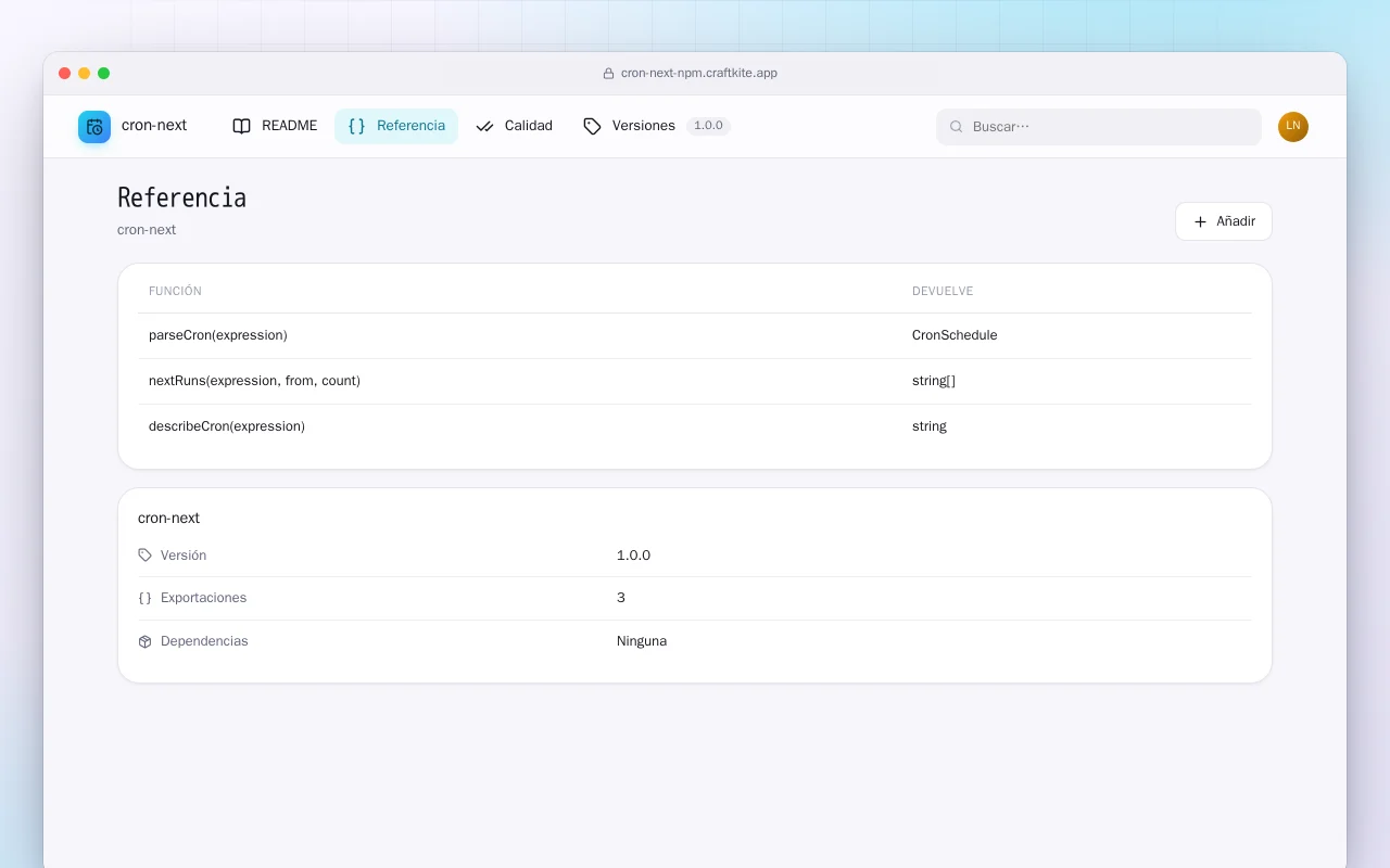 Cron Next (TypeScript): la pantalla Referencia