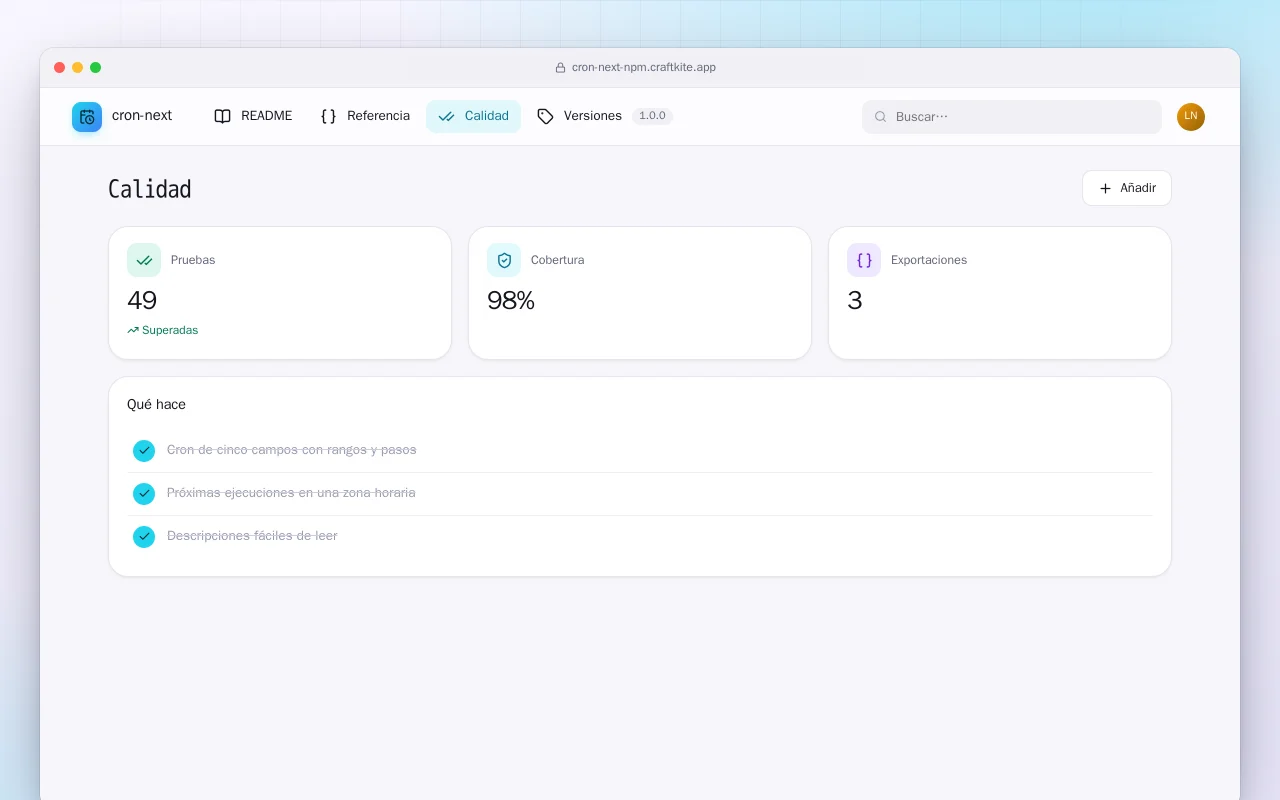 Cron Next (TypeScript): la pantalla Calidad