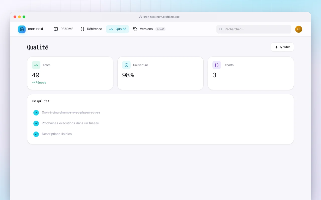 Cron Next (TypeScript) : l’écran Qualité
