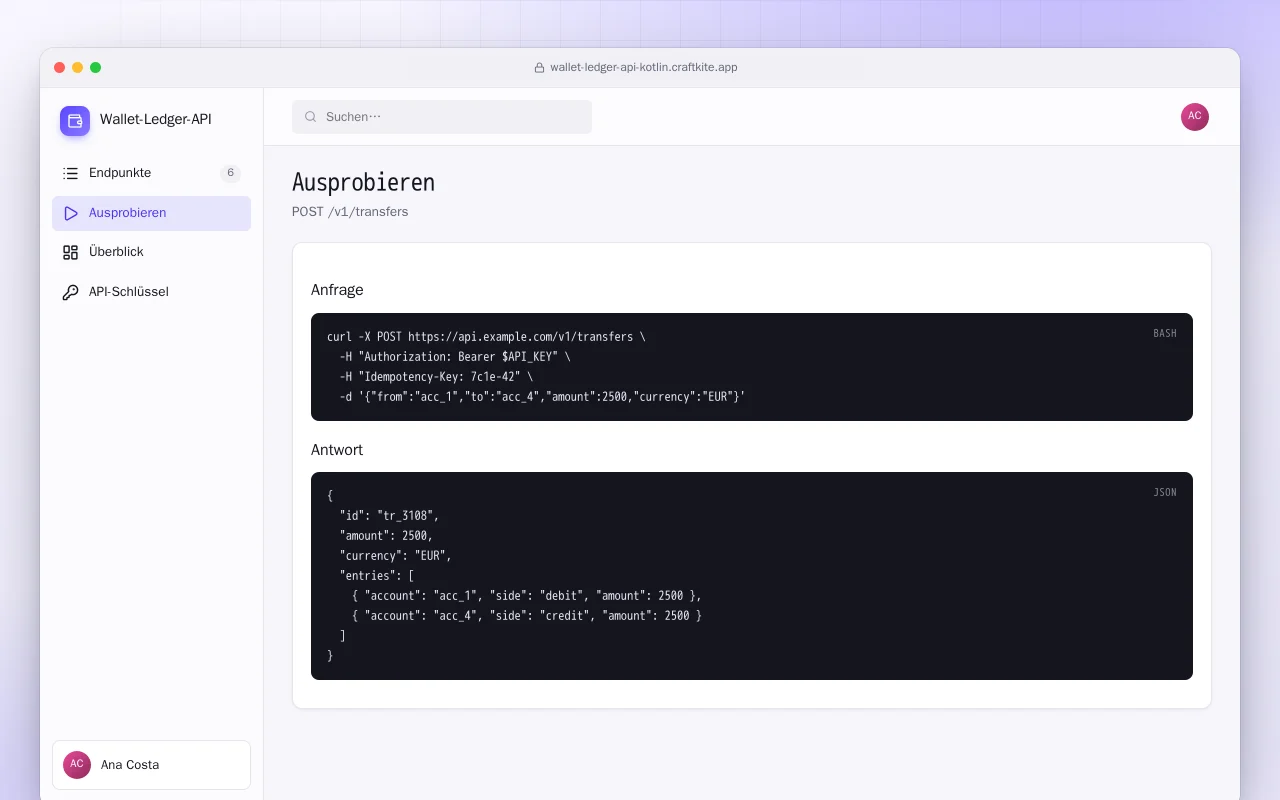 Wallet-Ledger-API (Kotlin + Spring Boot): der Bildschirm „Ausprobieren“