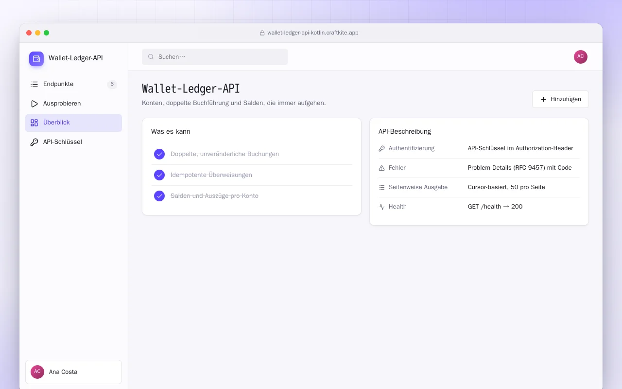 Wallet-Ledger-API (Kotlin + Spring Boot): der Bildschirm „Wallet-Ledger-API“