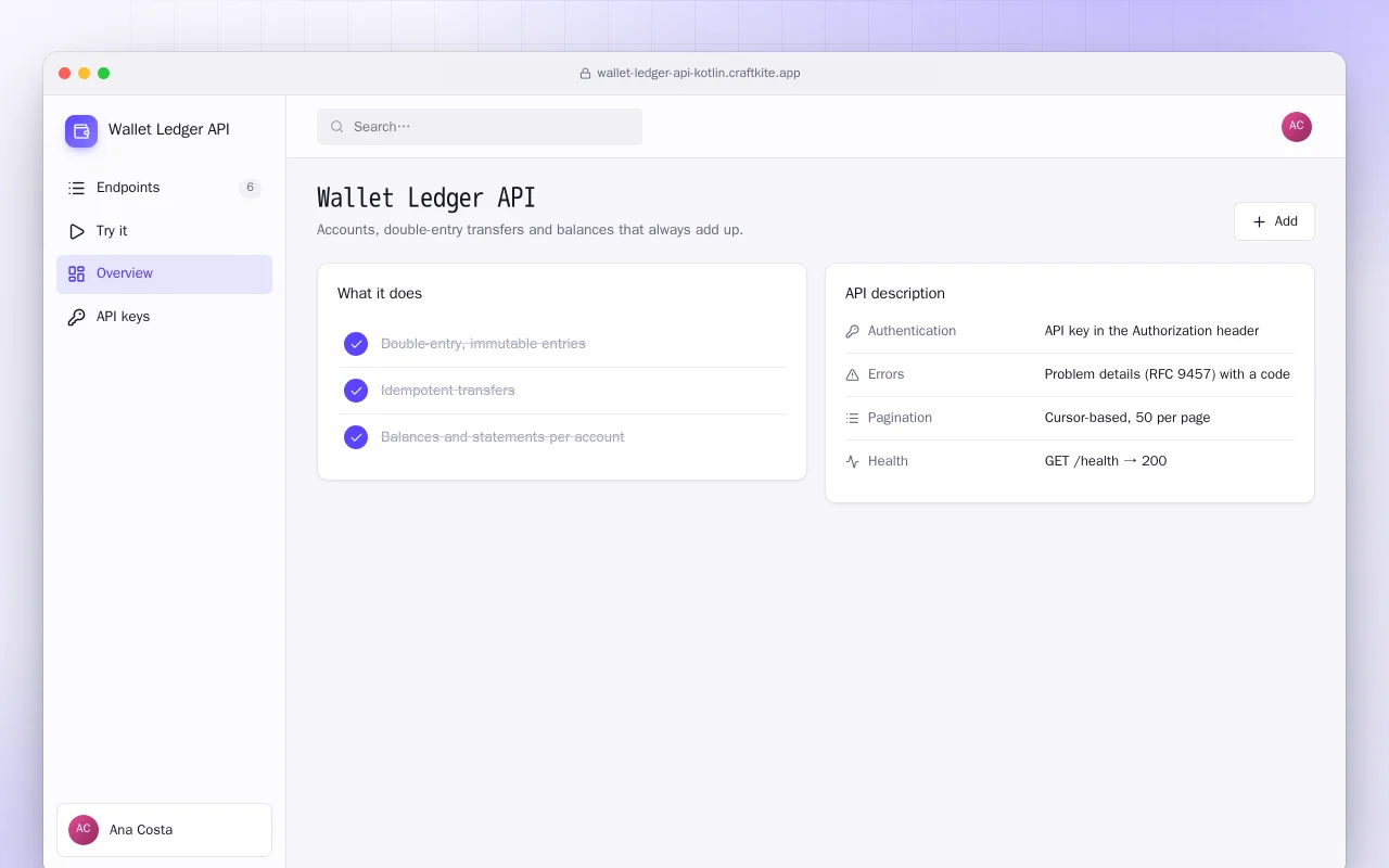 Wallet Ledger API (Kotlin + Spring Boot): the Wallet Ledger API screen