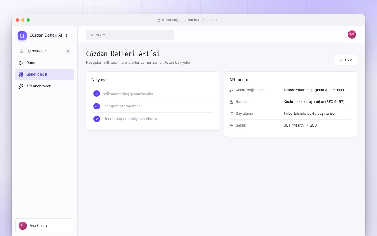 Cüzdan Defteri API’si (Kotlin + Spring Boot): Cüzdan Defteri API’si ekranı