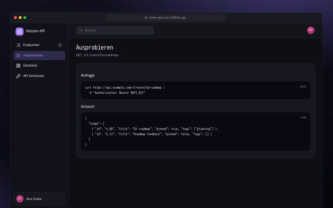 Notizen-API (Rust): der Bildschirm „Ausprobieren“