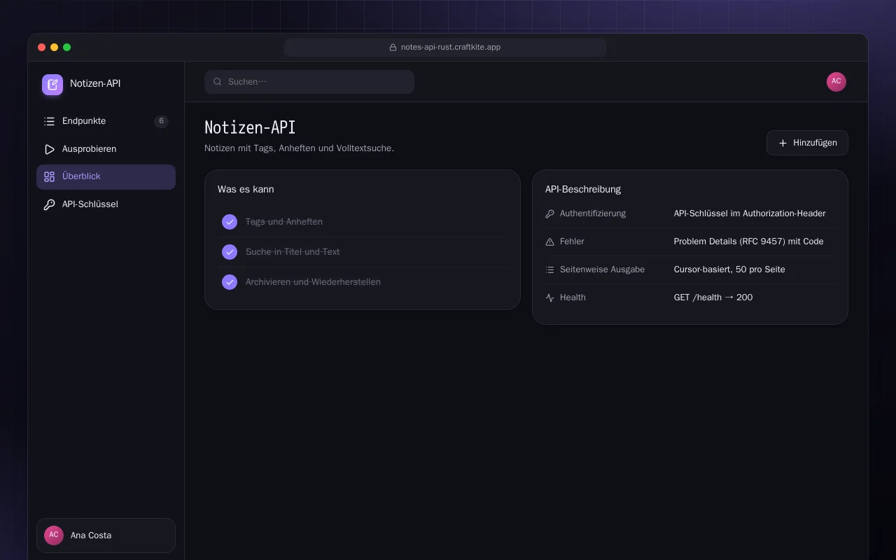 Notizen-API (Rust): der Bildschirm „Notizen-API“