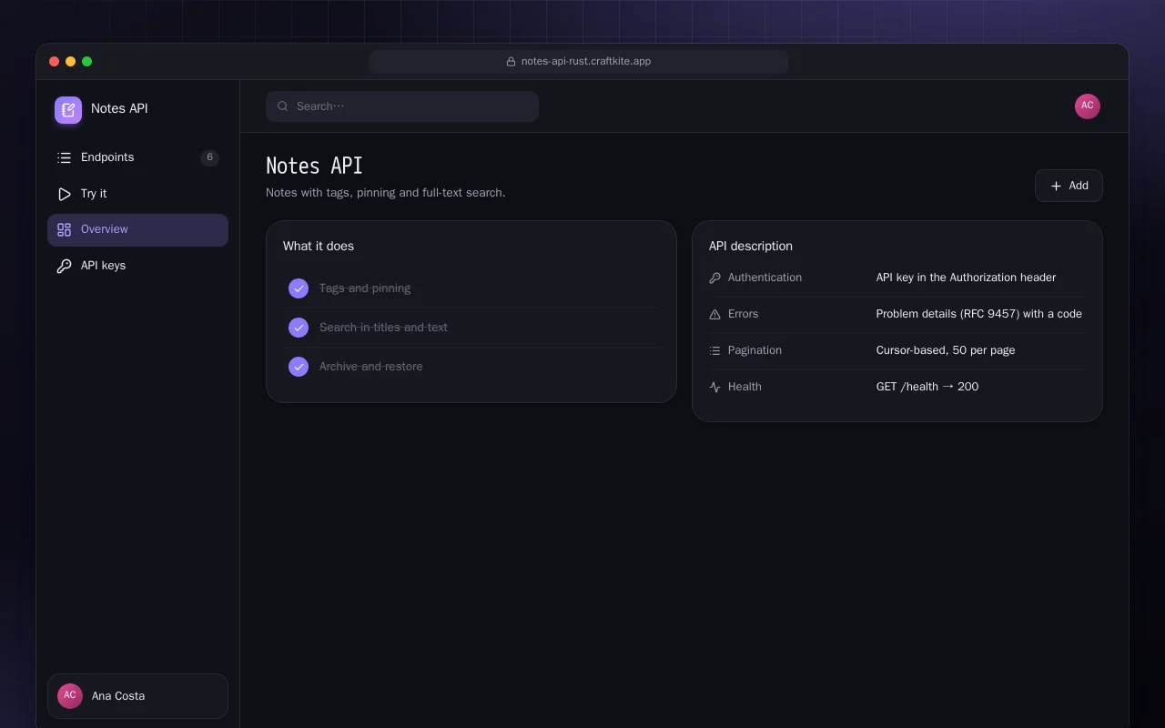 Notes API (Rust): the Notes API screen