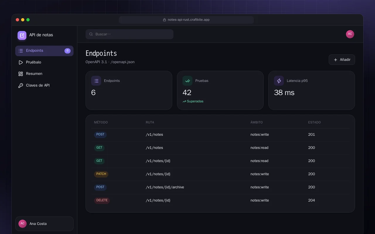 API de notas (Rust): la pantalla Endpoints