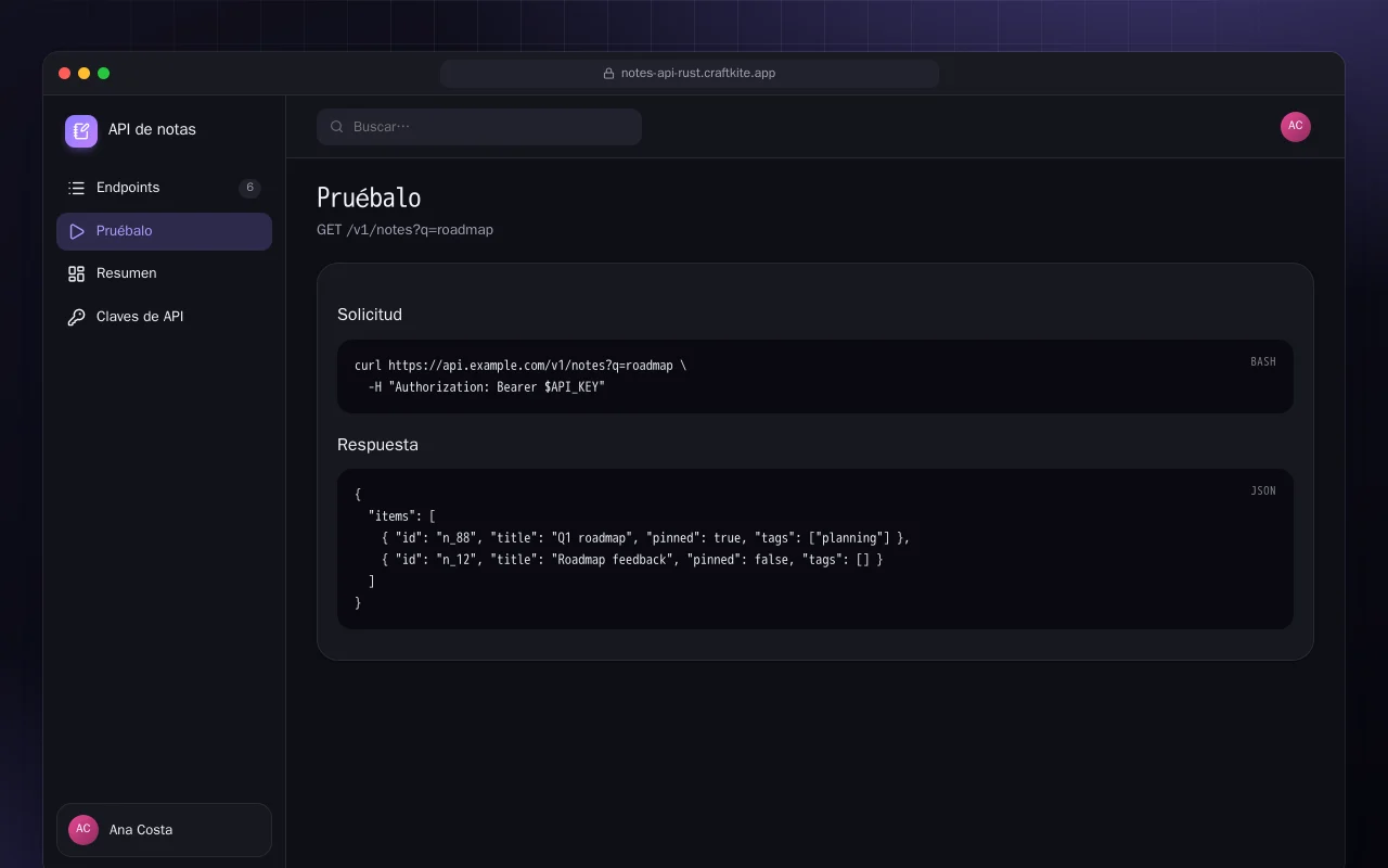 API de notas (Rust): la pantalla Pruébalo