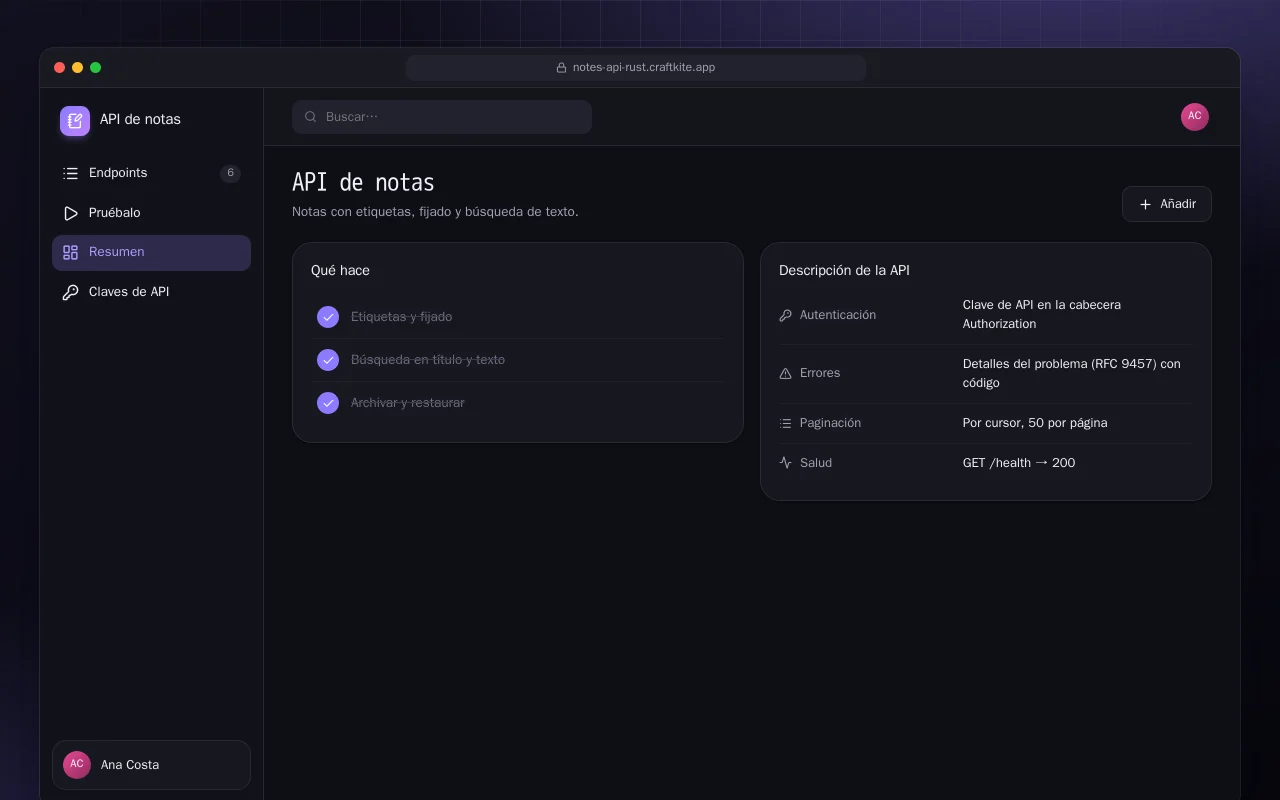 API de notas (Rust): la pantalla API de notas