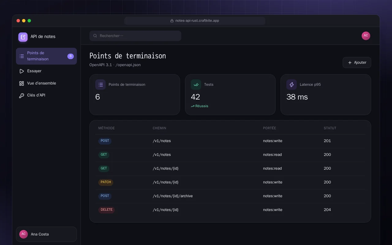 API de notes (Rust) : l’écran Points de terminaison