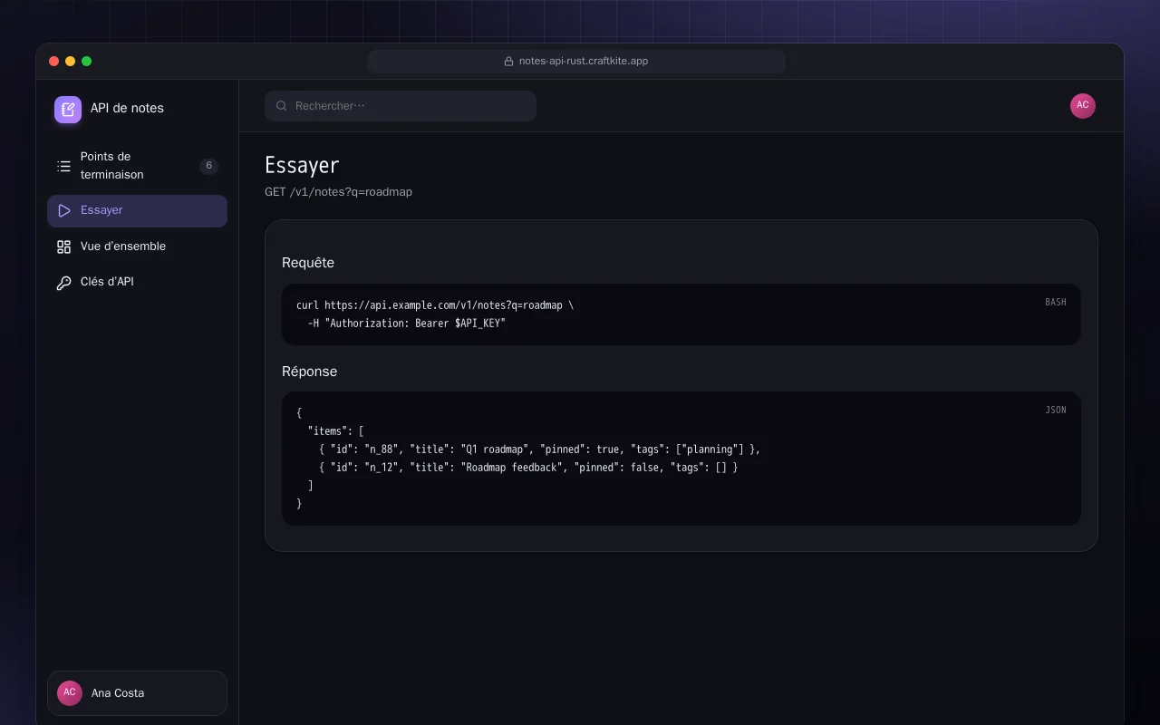 API de notes (Rust) : l’écran Essayer