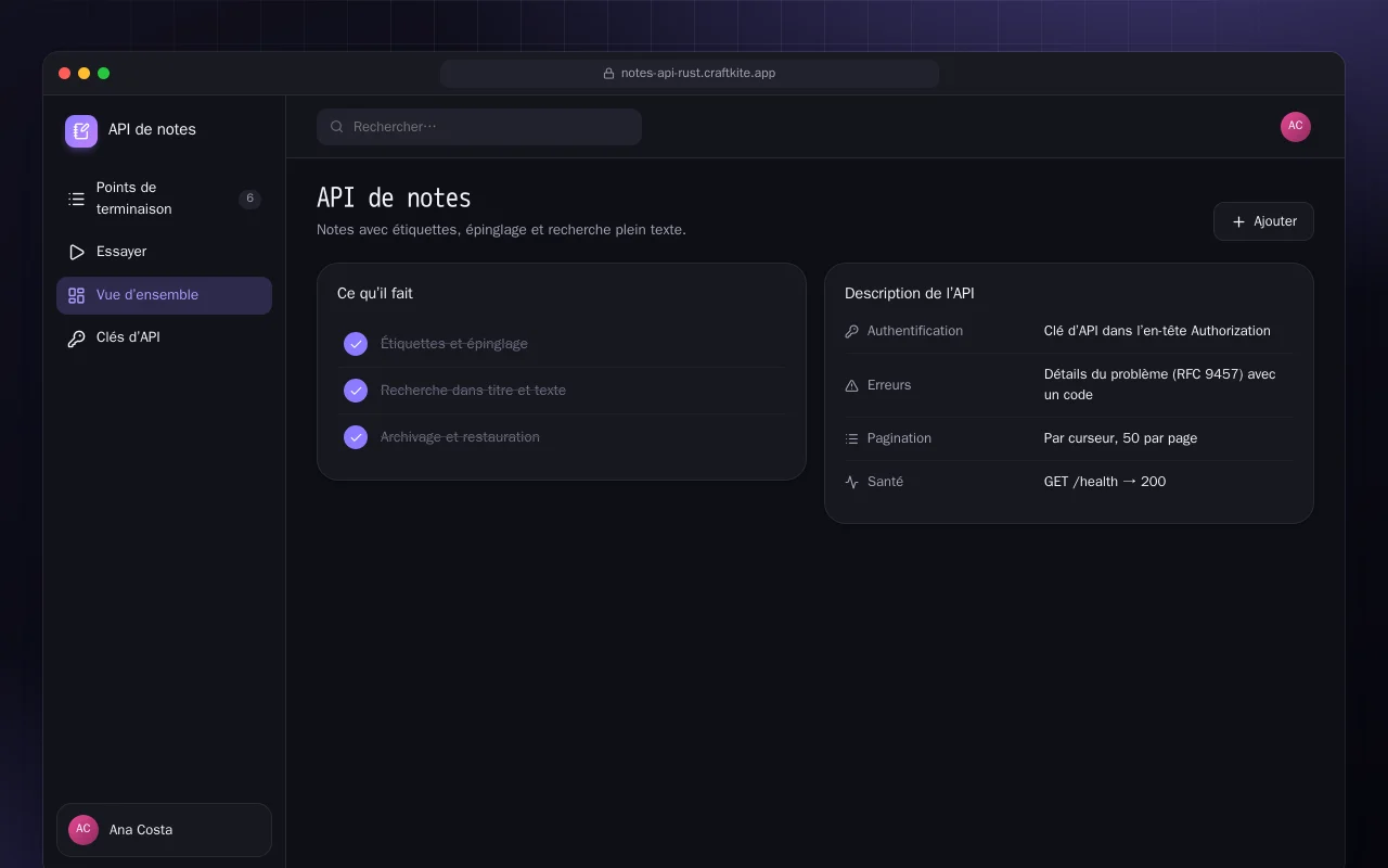 API de notes (Rust) : l’écran API de notes