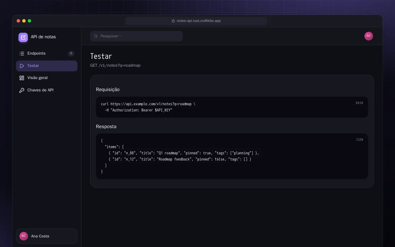 API de notas (Rust): a tela Testar