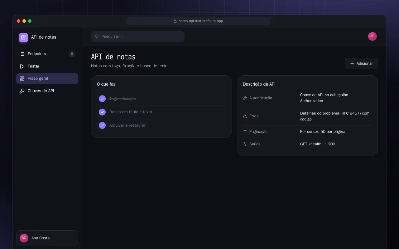 API de notas (Rust): a tela API de notas