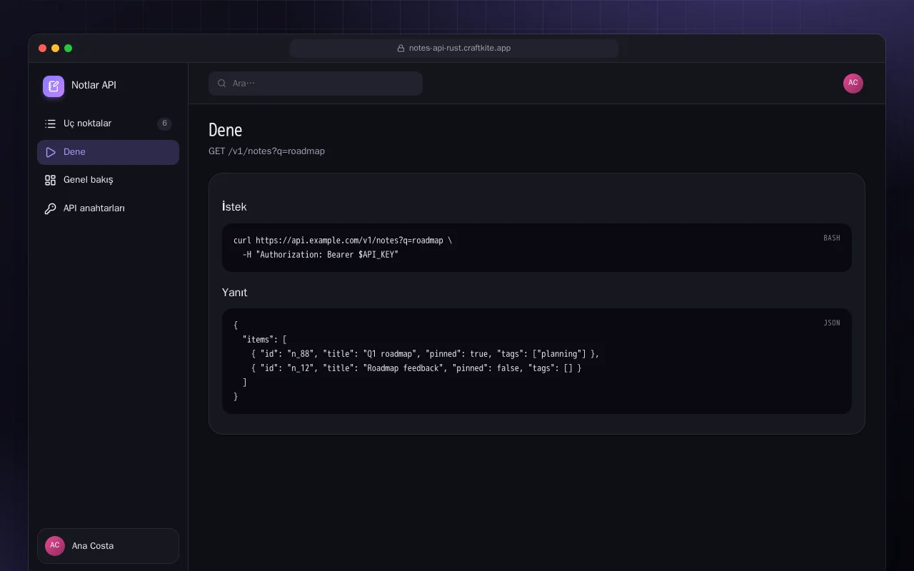 Notlar API (Rust): Dene ekranı