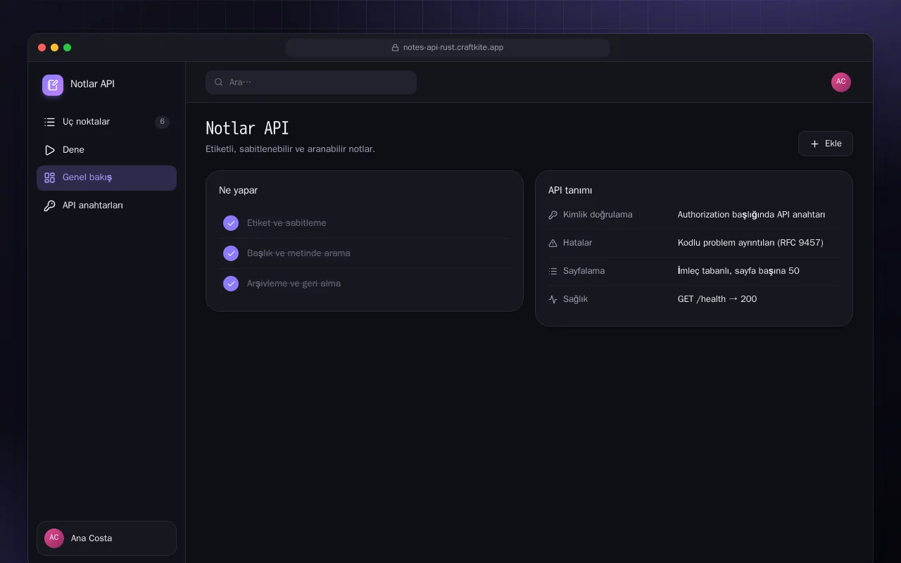 Notlar API (Rust): Notlar API ekranı