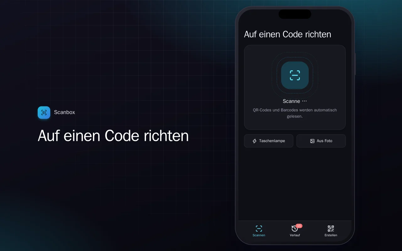 QR- und Barcode-Scanner: der Bildschirm „Auf einen Code richten“