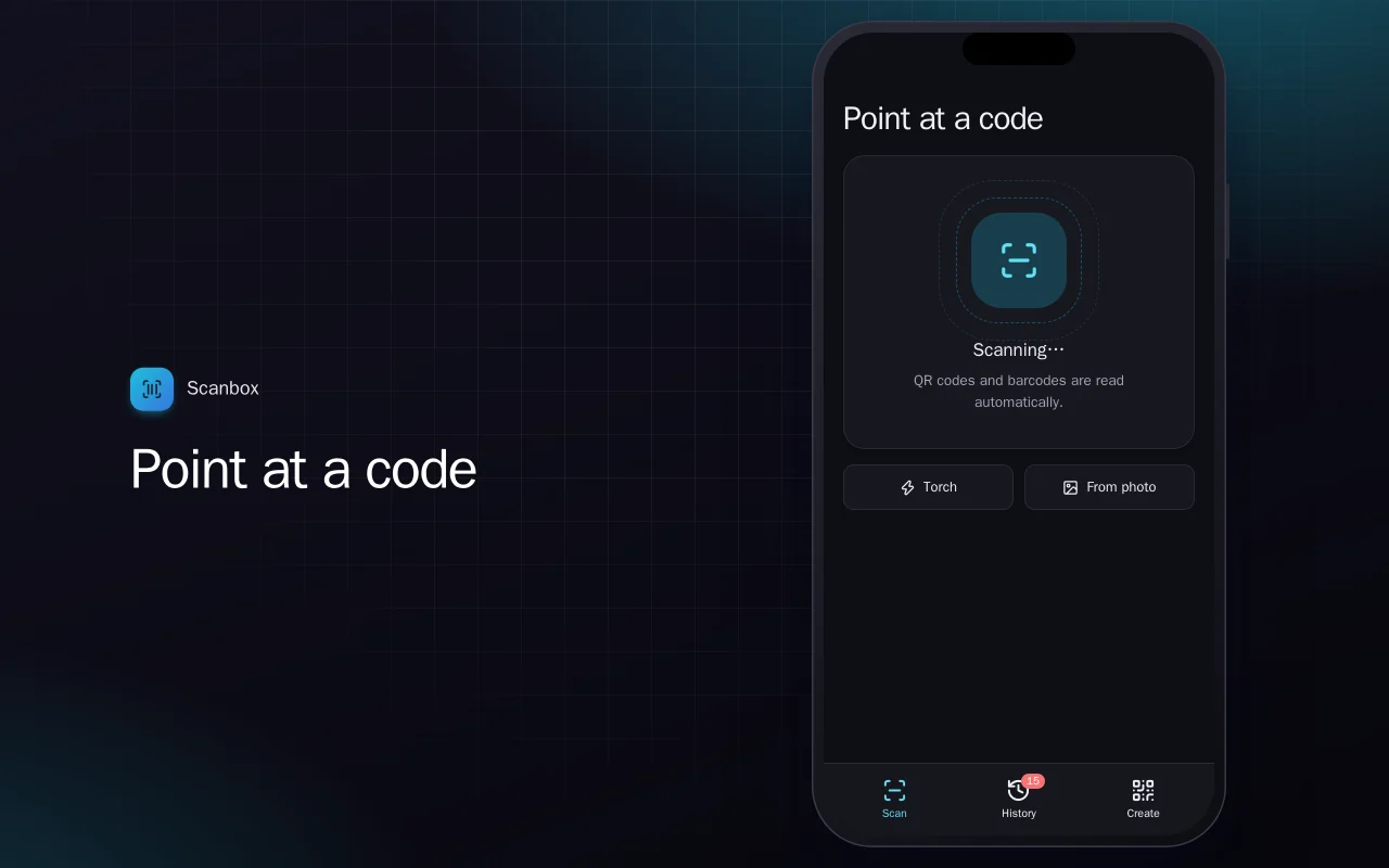 QR and barcode scanner: the Point at a code screen