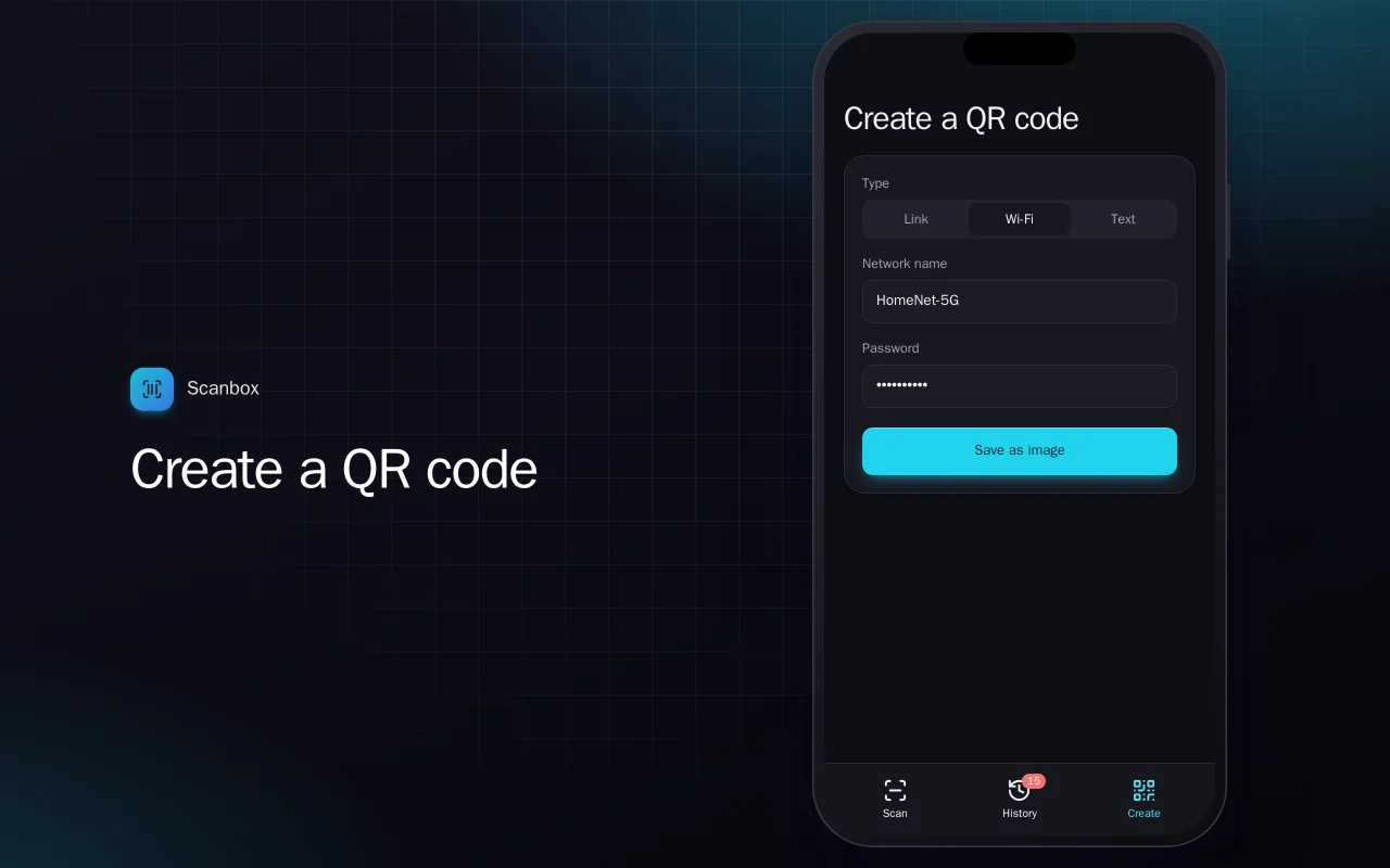 QR and barcode scanner: the Create a QR code screen