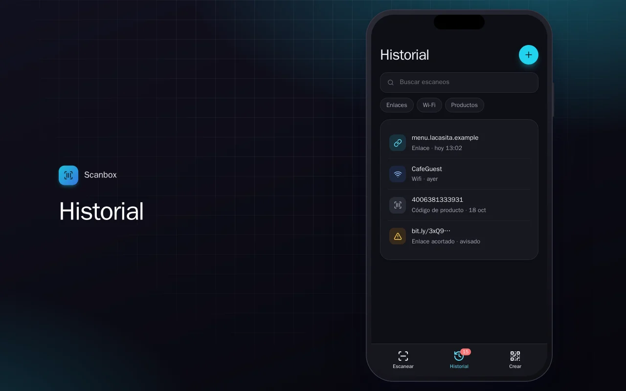 Lector de QR y códigos de barras: la pantalla Historial