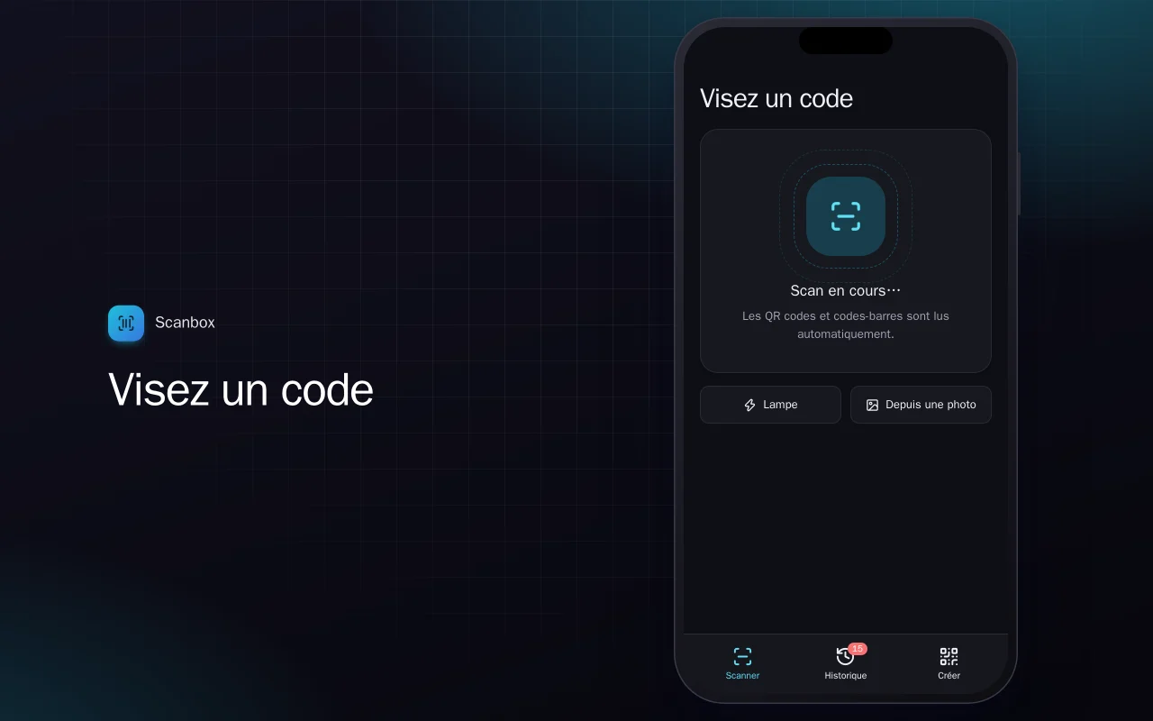 Lecteur de QR et codes-barres : l’écran Visez un code