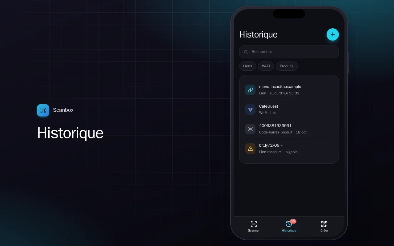 Lecteur de QR et codes-barres : l’écran Historique