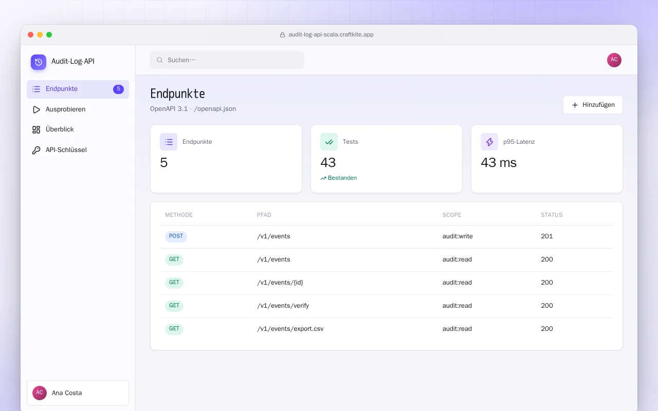 Audit-Log-API (Scala): der Bildschirm „Endpunkte“