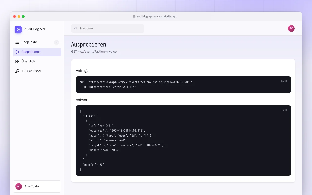 Audit-Log-API (Scala): der Bildschirm „Ausprobieren“