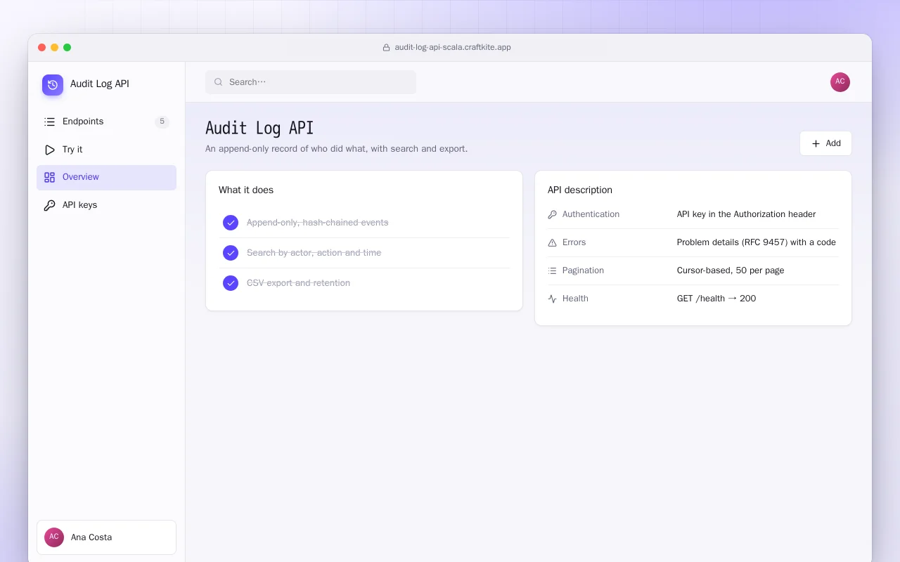 Audit Log API (Scala): the Audit Log API screen