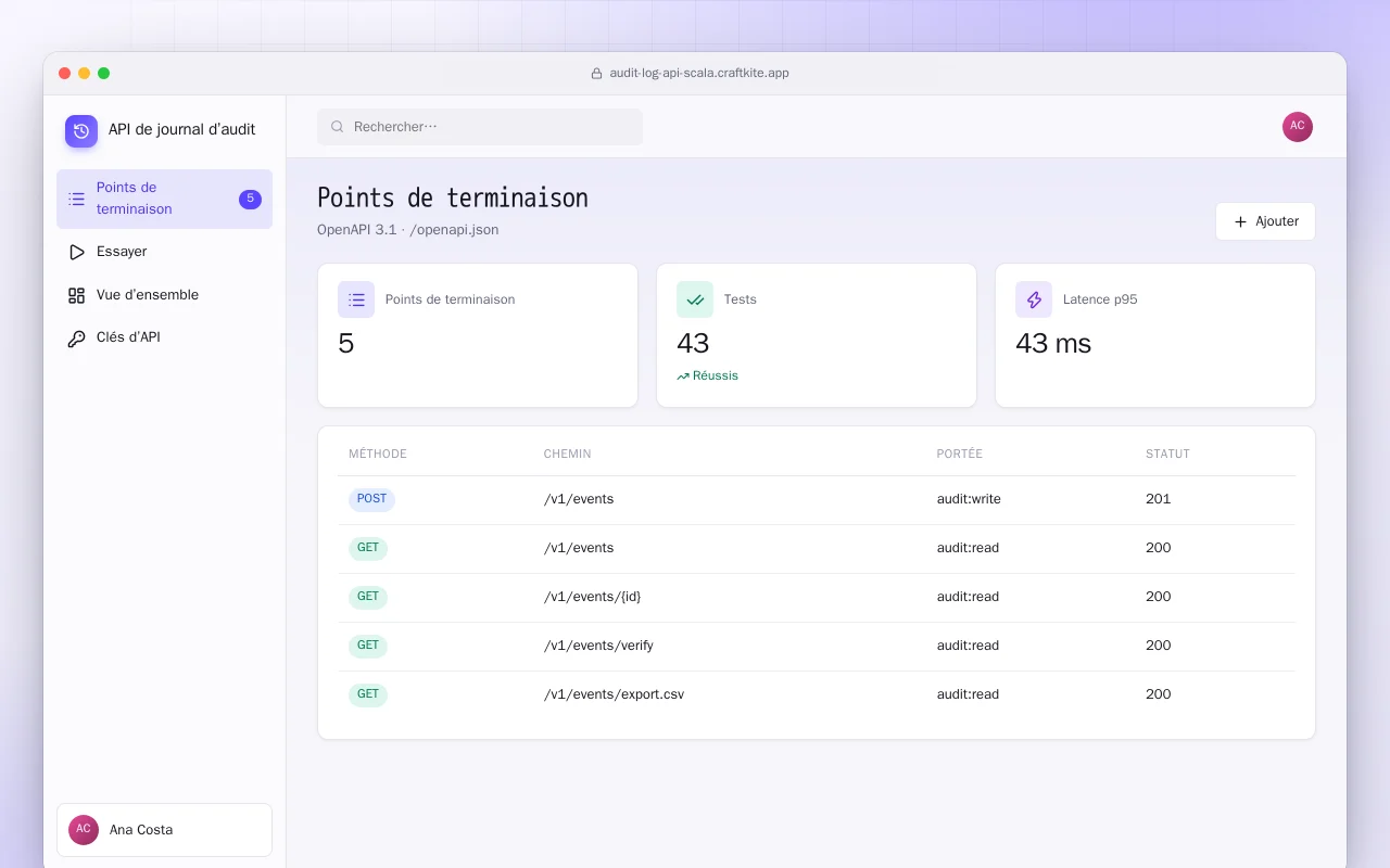 API de journal d’audit (Scala) : l’écran Points de terminaison