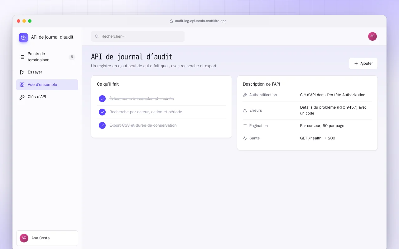 API de journal d’audit (Scala) : l’écran API de journal d’audit