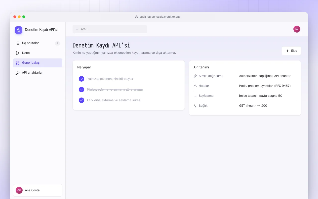 Denetim Kaydı API’si (Scala): Denetim Kaydı API’si ekranı
