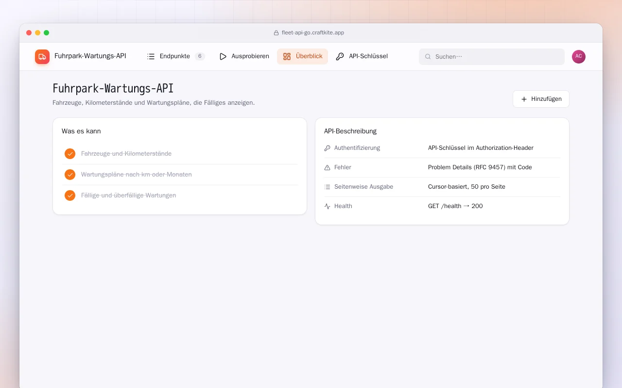 Fuhrpark-Wartungs-API (Go): der Bildschirm „Fuhrpark-Wartungs-API“