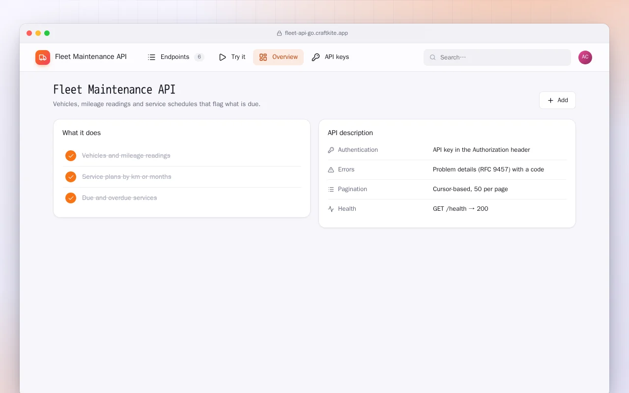 Fleet Maintenance API (Go): the Fleet Maintenance API screen