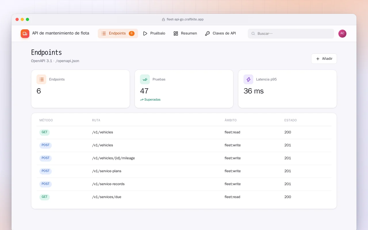 API de mantenimiento de flota (Go): la pantalla Endpoints