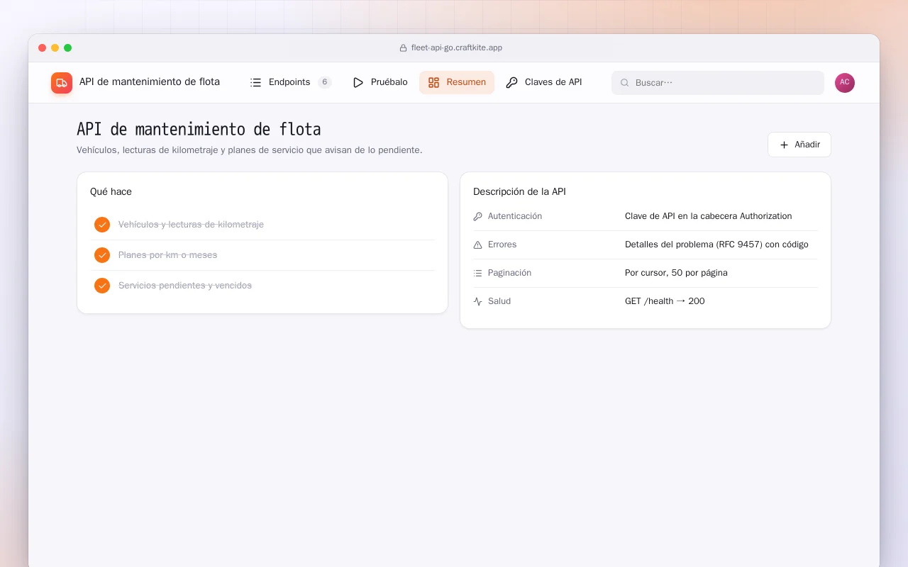 API de mantenimiento de flota (Go): la pantalla API de mantenimiento de flota