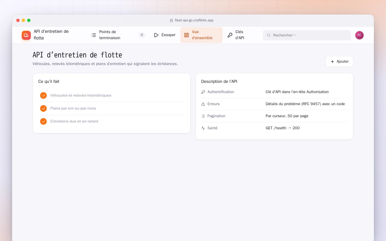 API d’entretien de flotte (Go) : l’écran API d’entretien de flotte