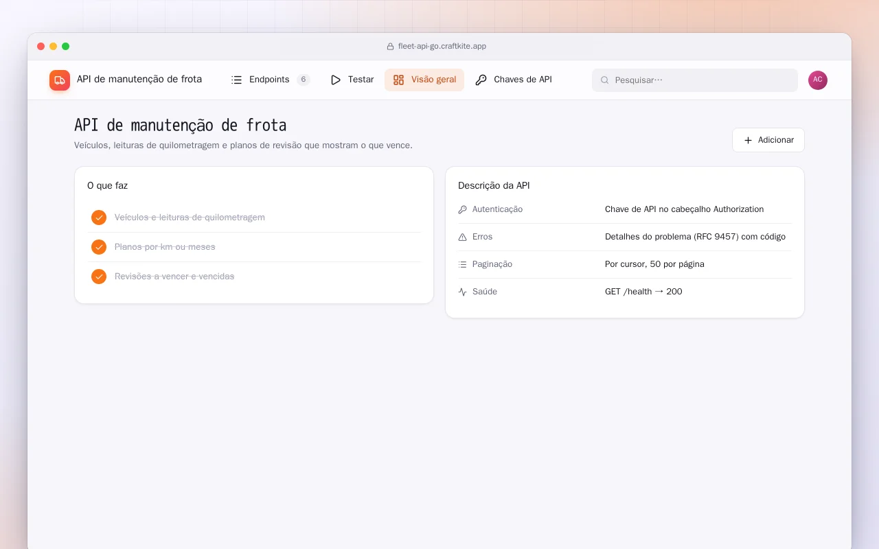 API de manutenção de frota (Go): a tela API de manutenção de frota