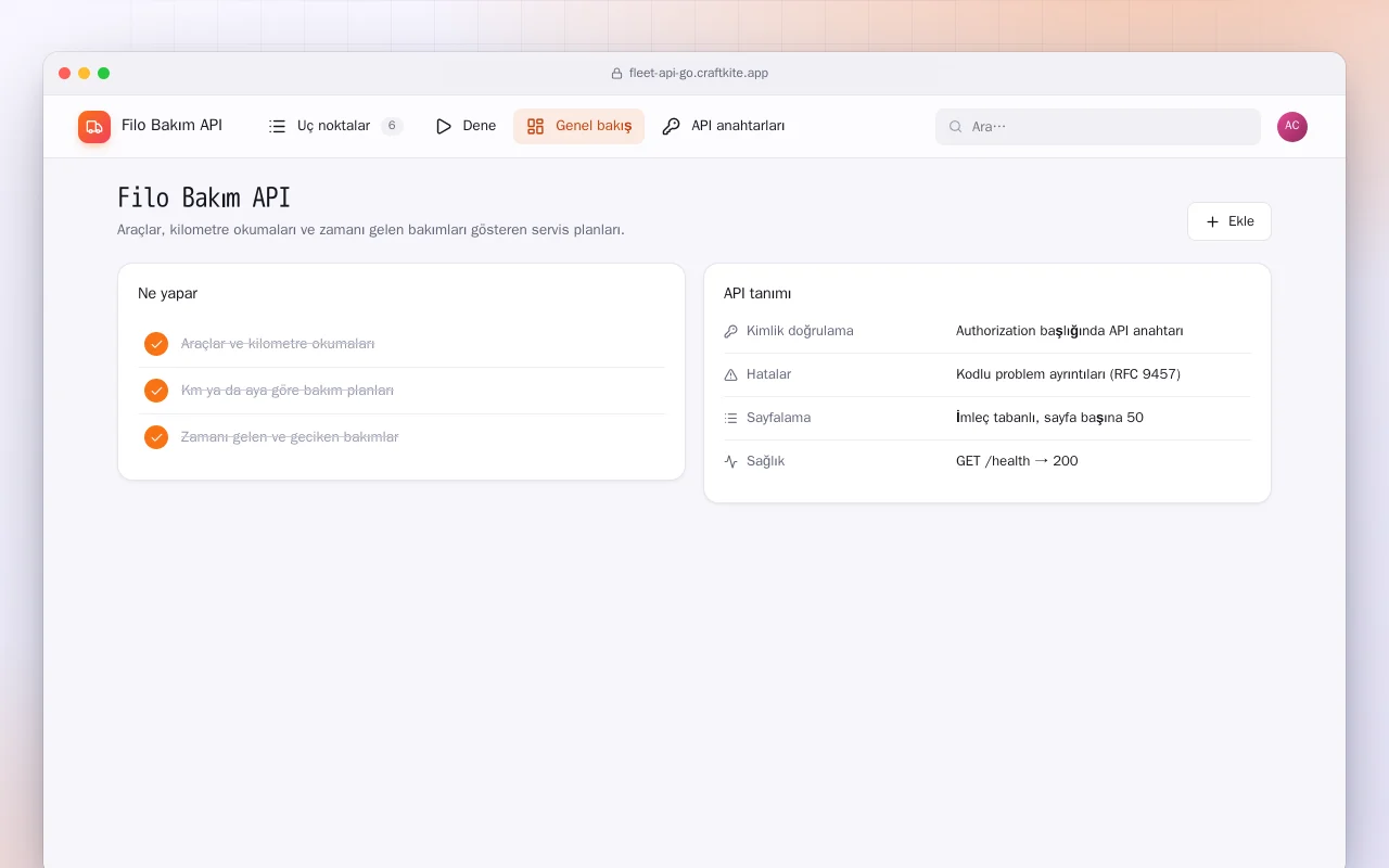 Filo Bakım API (Go): Filo Bakım API ekranı