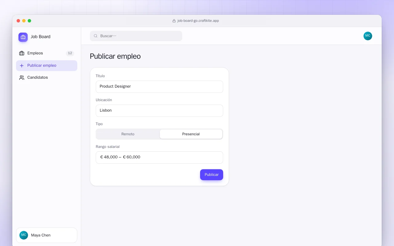 Bolsa de empleo (Go): la pantalla Publicar empleo