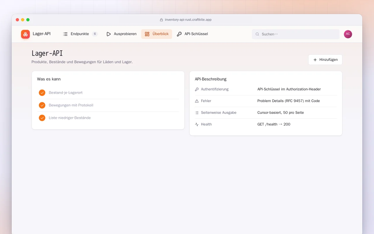 Lager-API (Rust): der Bildschirm „Lager-API“