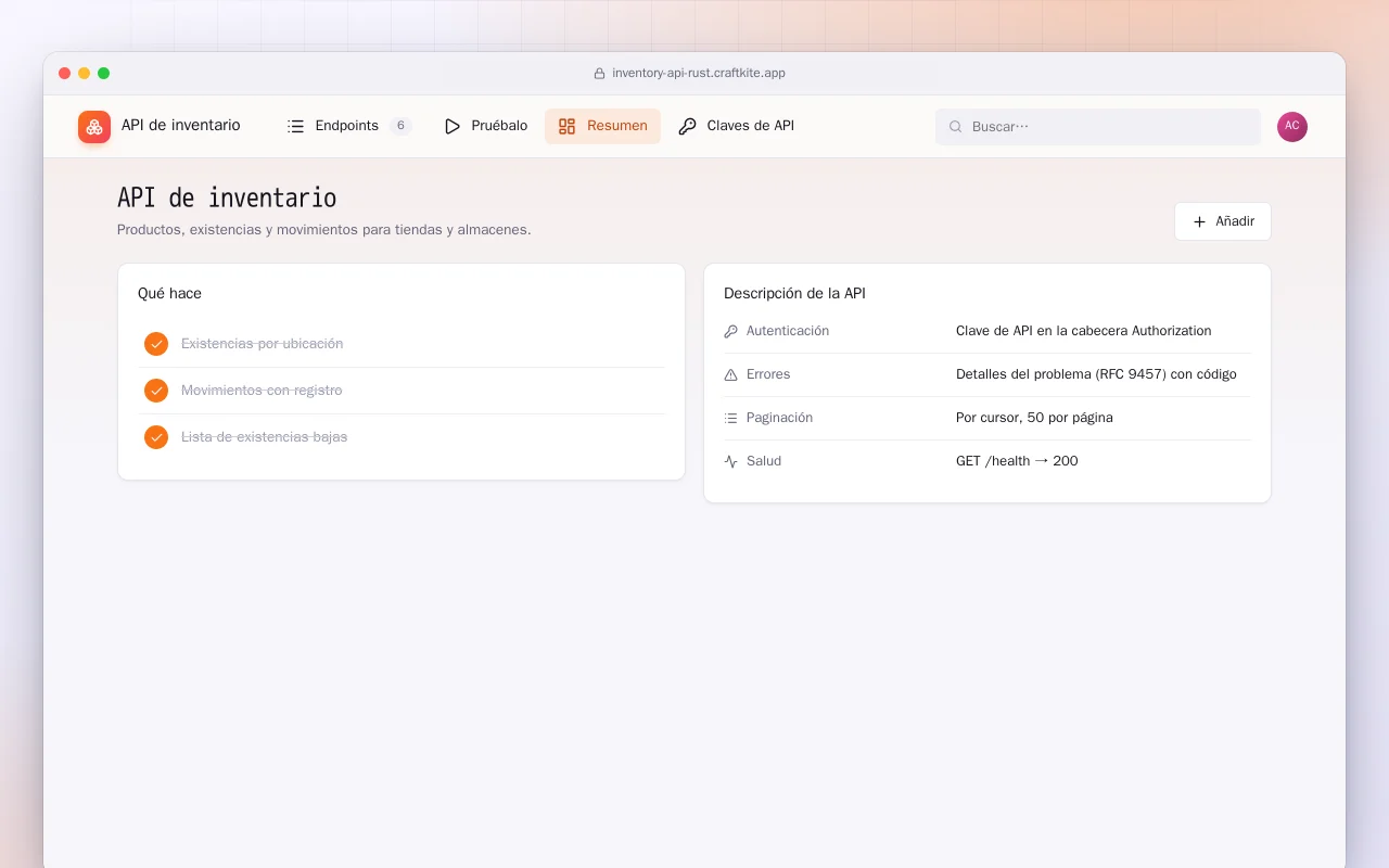 API de inventario (Rust): la pantalla API de inventario