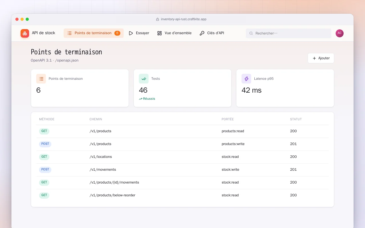 API de stock (Rust) : l’écran Points de terminaison