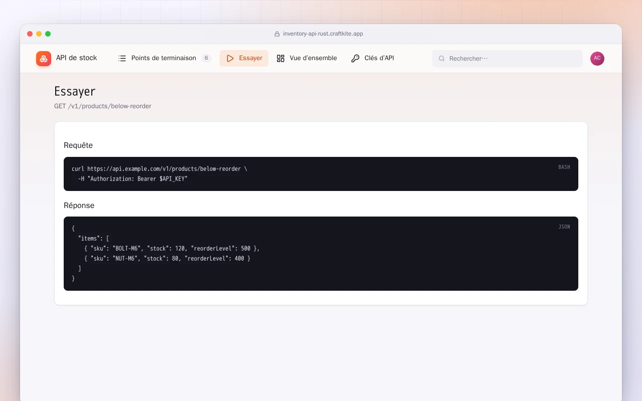 API de stock (Rust) : l’écran Essayer