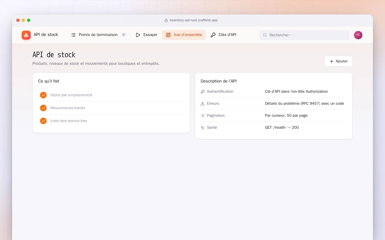 API de stock (Rust) : l’écran API de stock