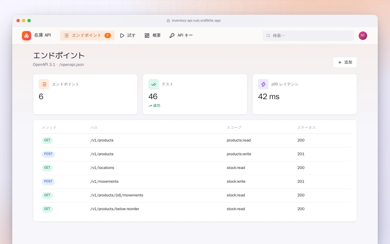 在庫 API（Rust）：エンドポイント画面