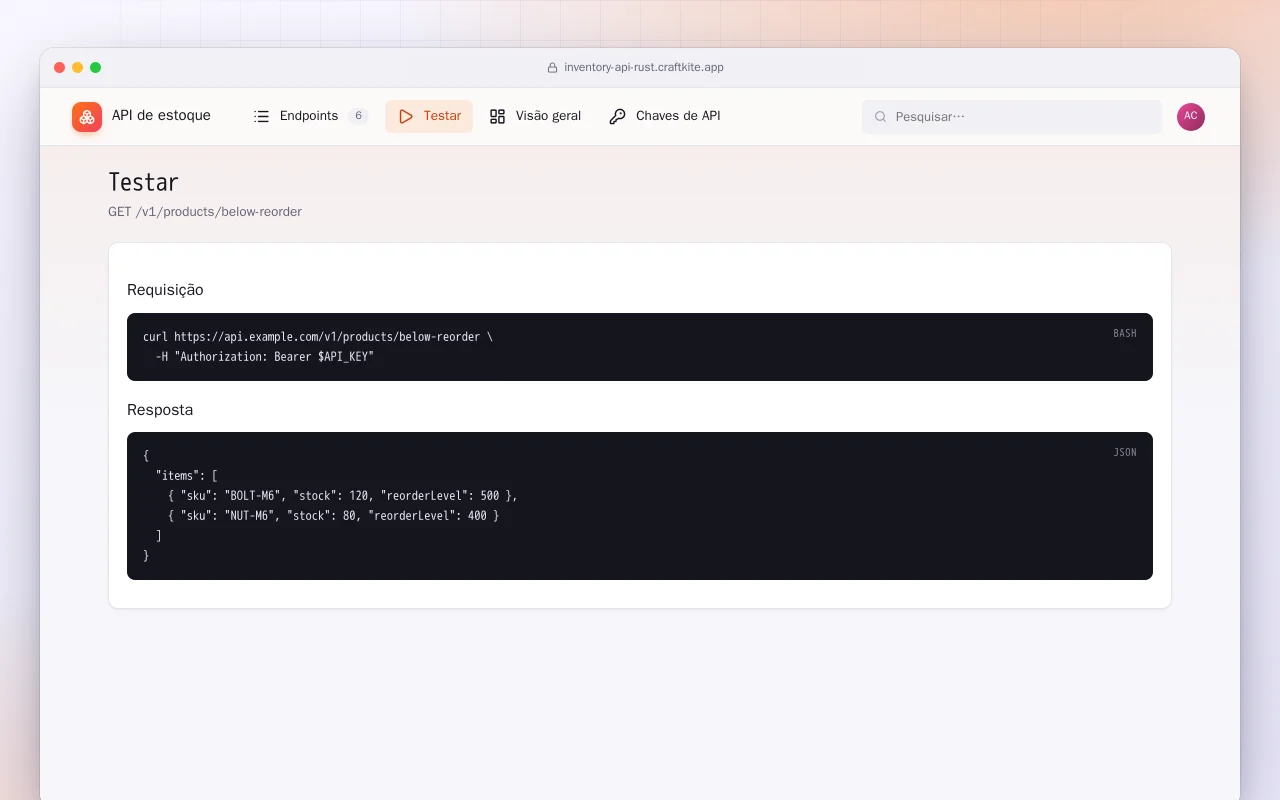 API de estoque (Rust): a tela Testar