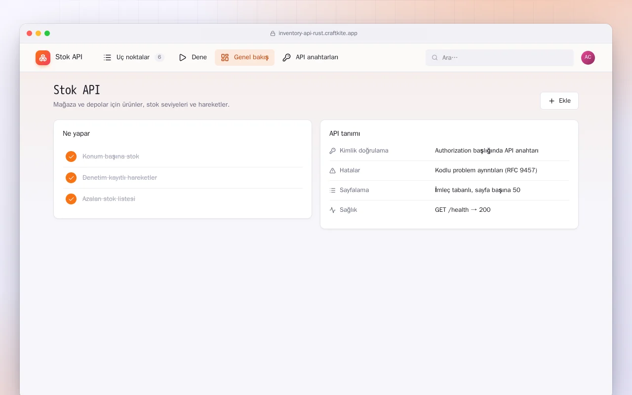Stok API (Rust): Stok API ekranı