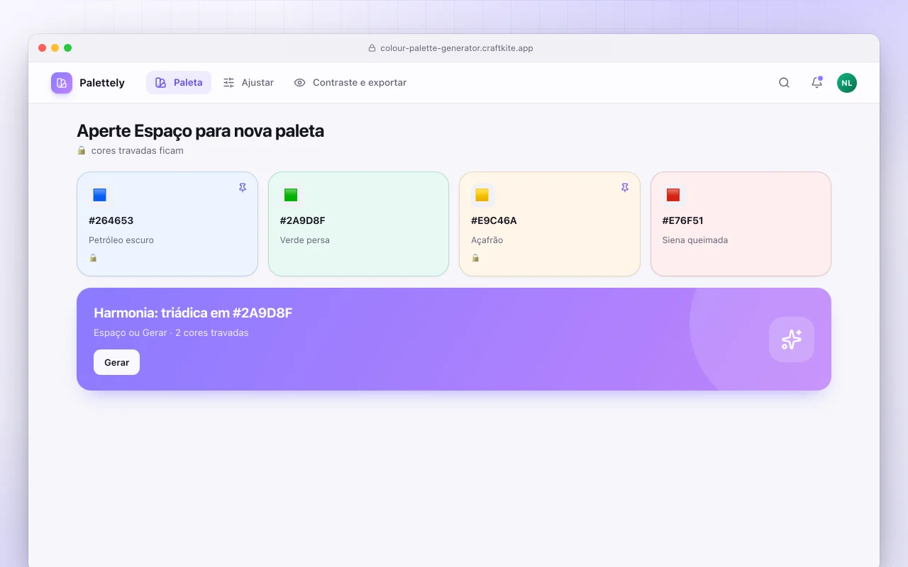 Gerador de paletas de cores: a tela Aperte Espaço para nova paleta