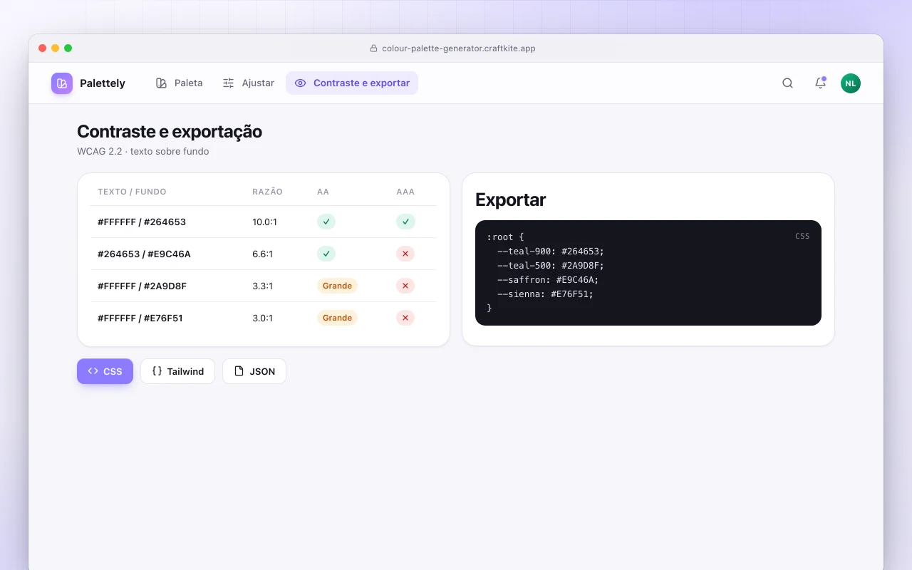 Gerador de paletas de cores: a tela Contraste e exportação
